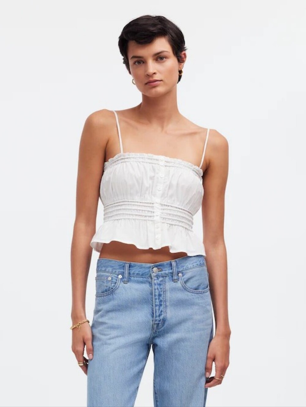 Madewell White Smocked  Spaghetti-Strap Button Front Top Crop Cami In Poplin